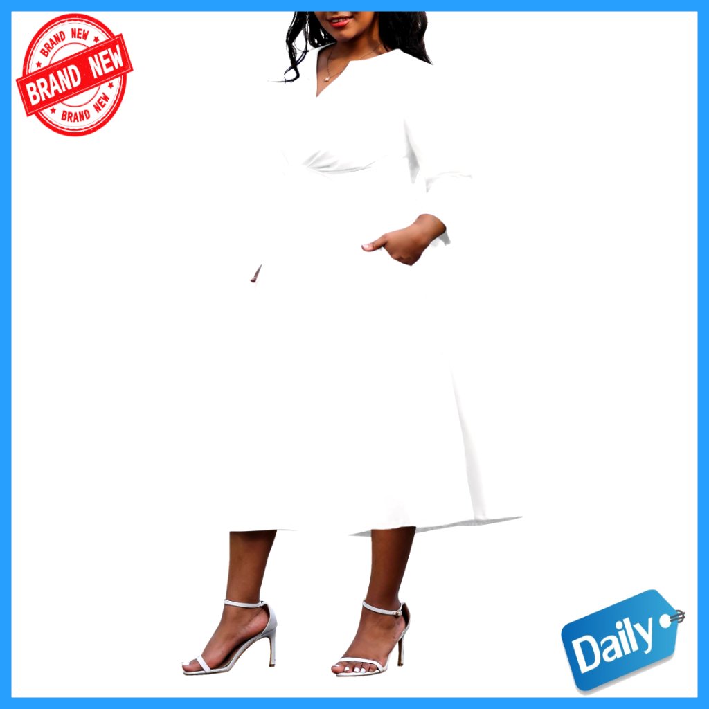 Stretchy Flared Wrap Dress V Neck 3/4 Sleeve A-Line Swing Midi Elegant